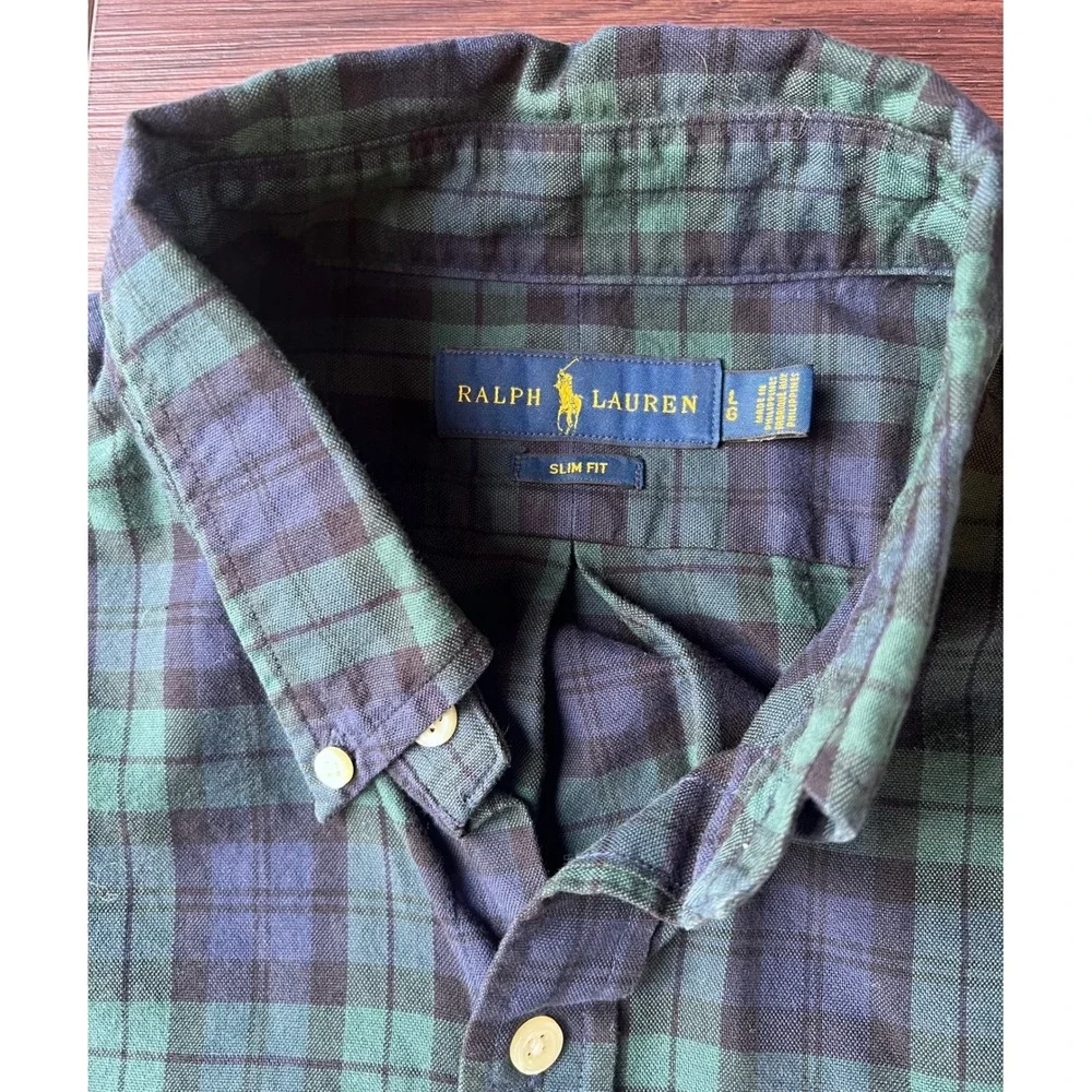 Polo Ralph Lauren Slim Fit Shirt Mens Large Green Navy Black Watch Plaid Cotton